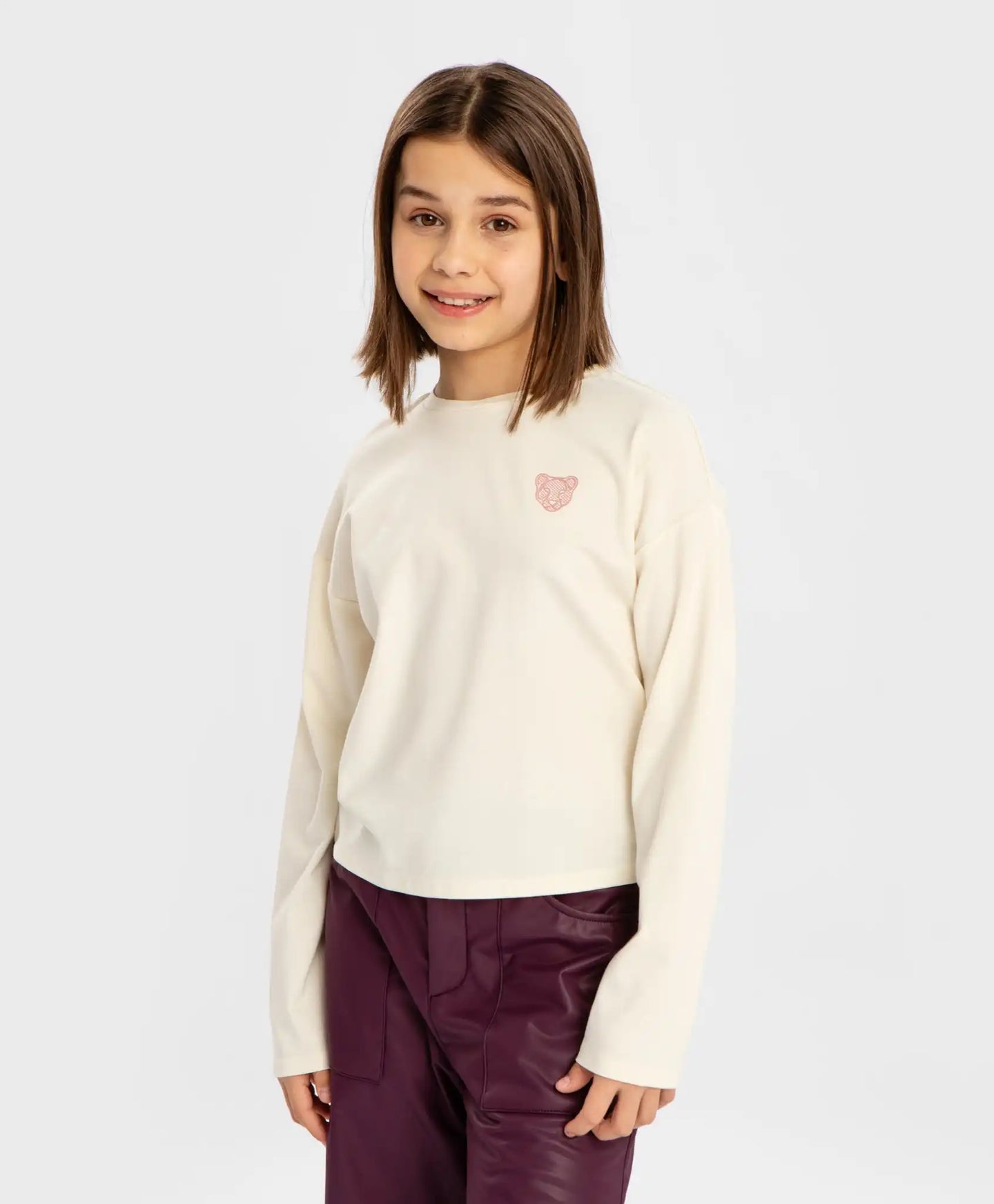 Tricou cu mâneci lungi și imprimeu crem pentru fete Button Blue