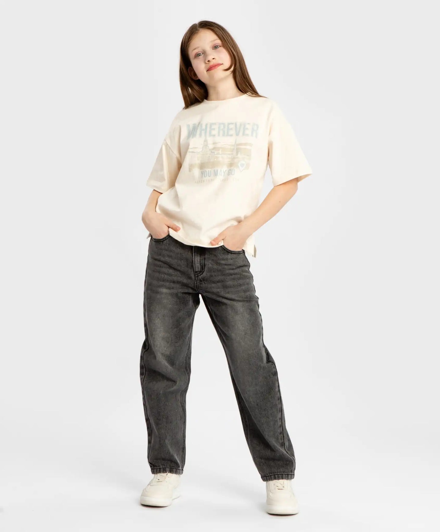 Tricou cu mâneci scurte și imprimeu crem pentru fete Button Blue