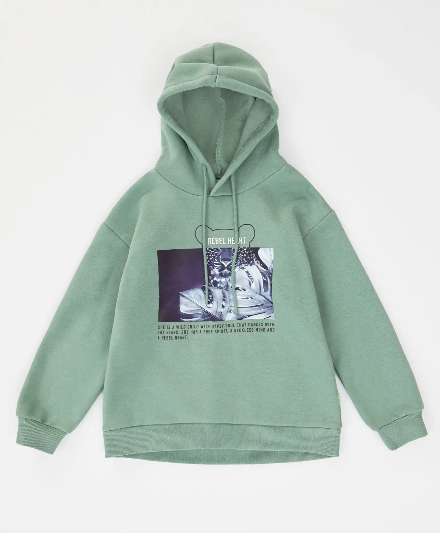 Hanorac oversized cu glugă și imprimeu verde pentru fete Button Blue