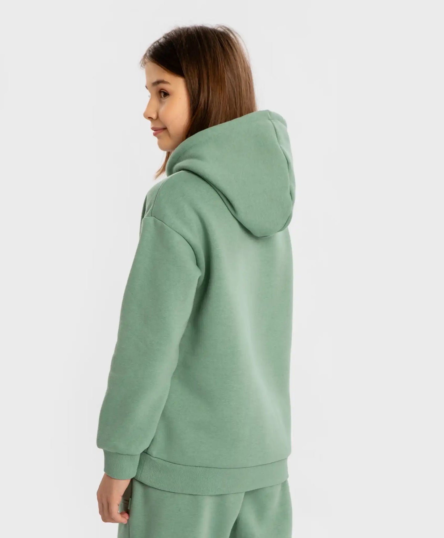 Hanorac oversized cu glugă și imprimeu verde pentru fete Button Blue