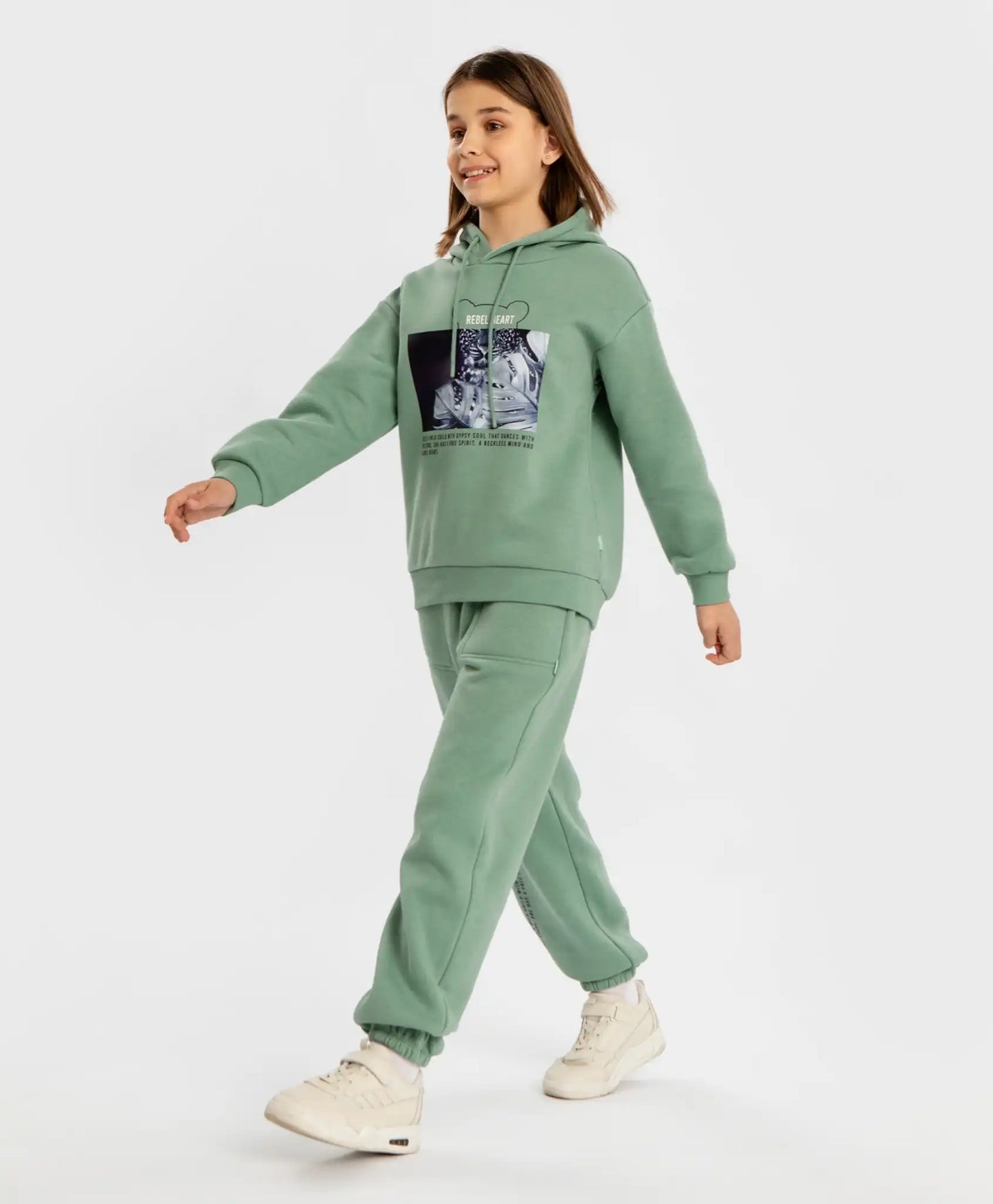 Hanorac oversized cu glugă și imprimeu verde pentru fete Button Blue