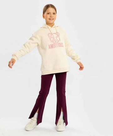 Hanorac cu fleece din lână și glugă crem pentru fete Button Blue