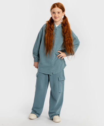 Hoodie oversized cu nasturi, glugă și efect de uzură albastru pentru copii Button Blue