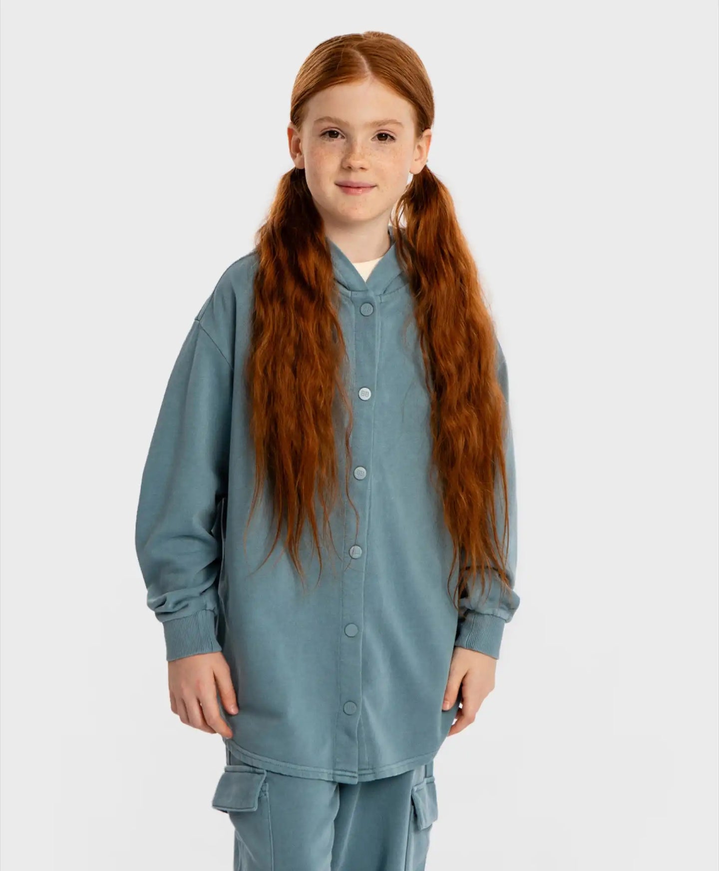 Hoodie oversized cu nasturi, glugă și efect de uzură albastru pentru copii Button Blue