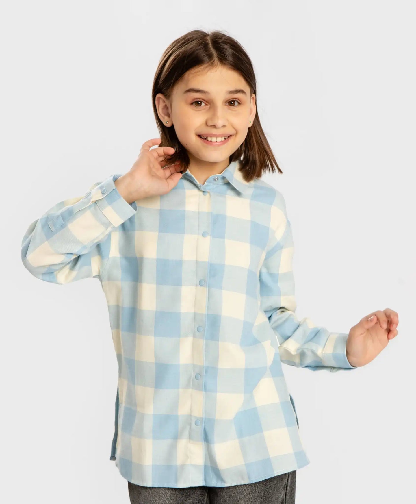 Cămașă carouri cu mâneci lungi, călduroasă, cu nasturi multicoloră pentru copii Button Blue