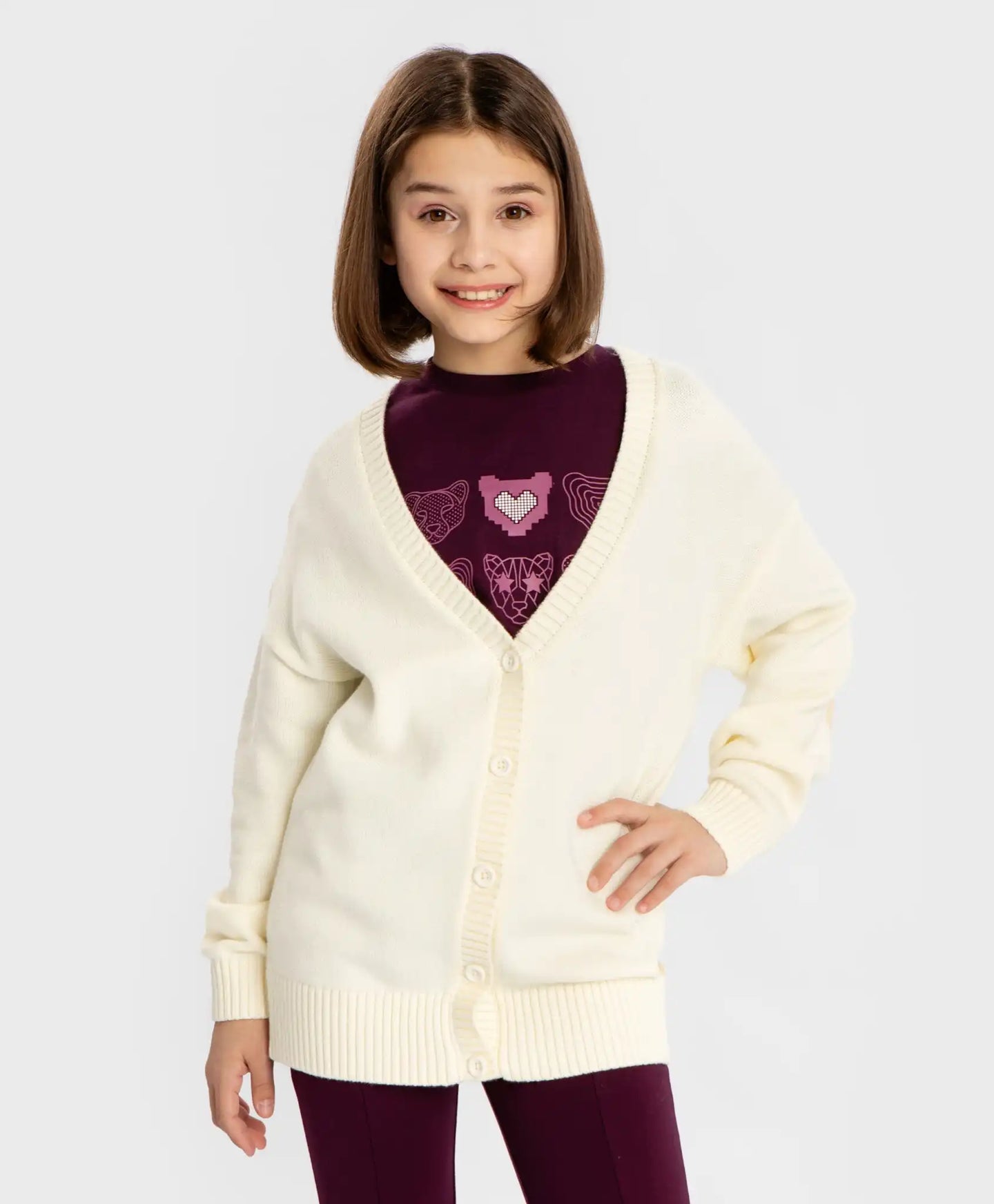 Cardigan cu nasturi și desen pe coate, crem, pentru fată, Button Blue