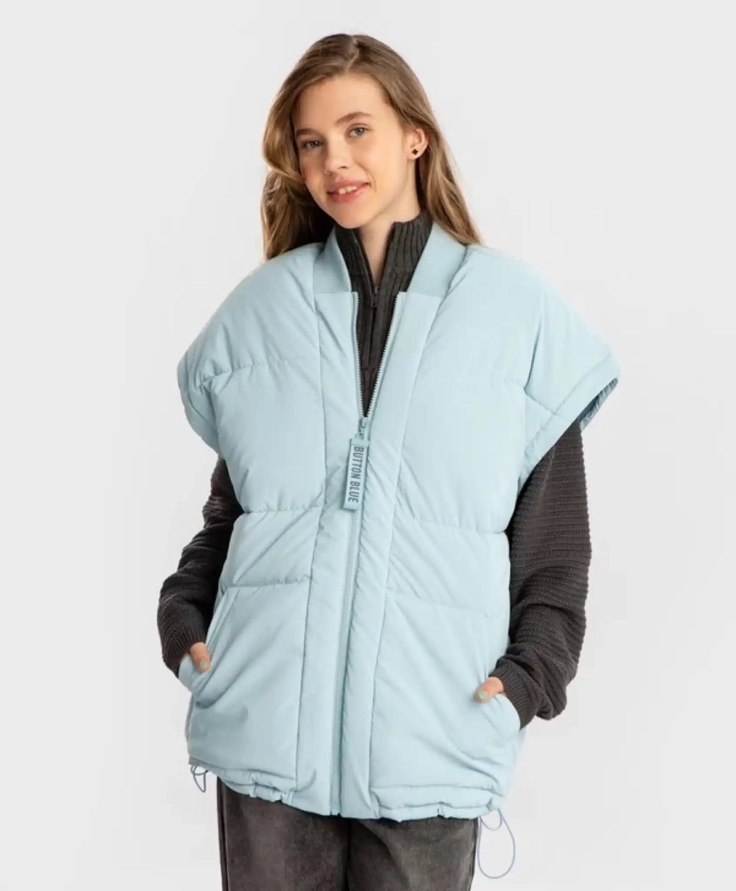 Geacă transformabilă de sezon intermediar cu mâneci detașabile, albastru deschis pentru fete, Button Blue