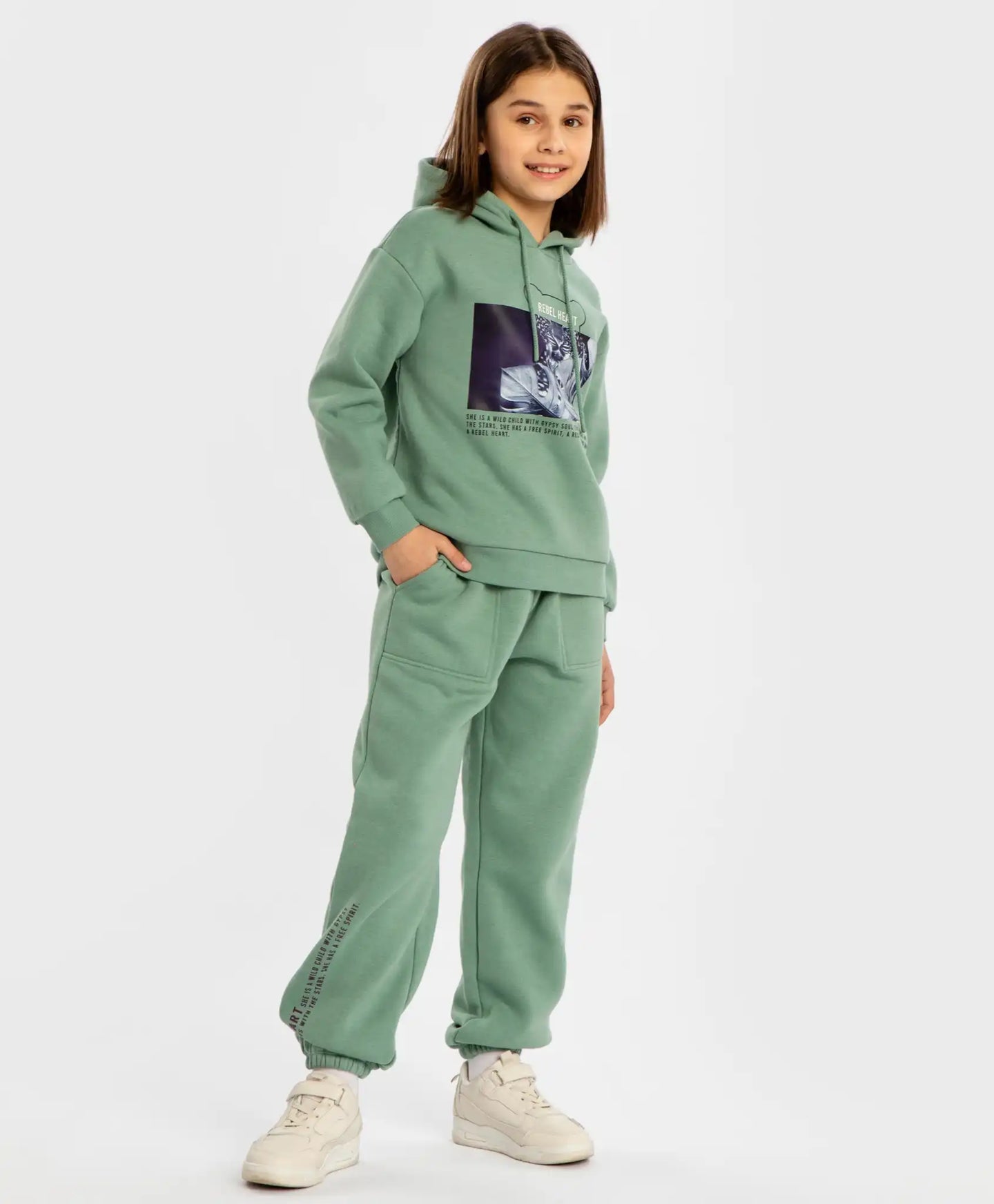 Joggeri căptușiți, cu talie elastică și imprimeu, verzi, pentru fată, Button Blue