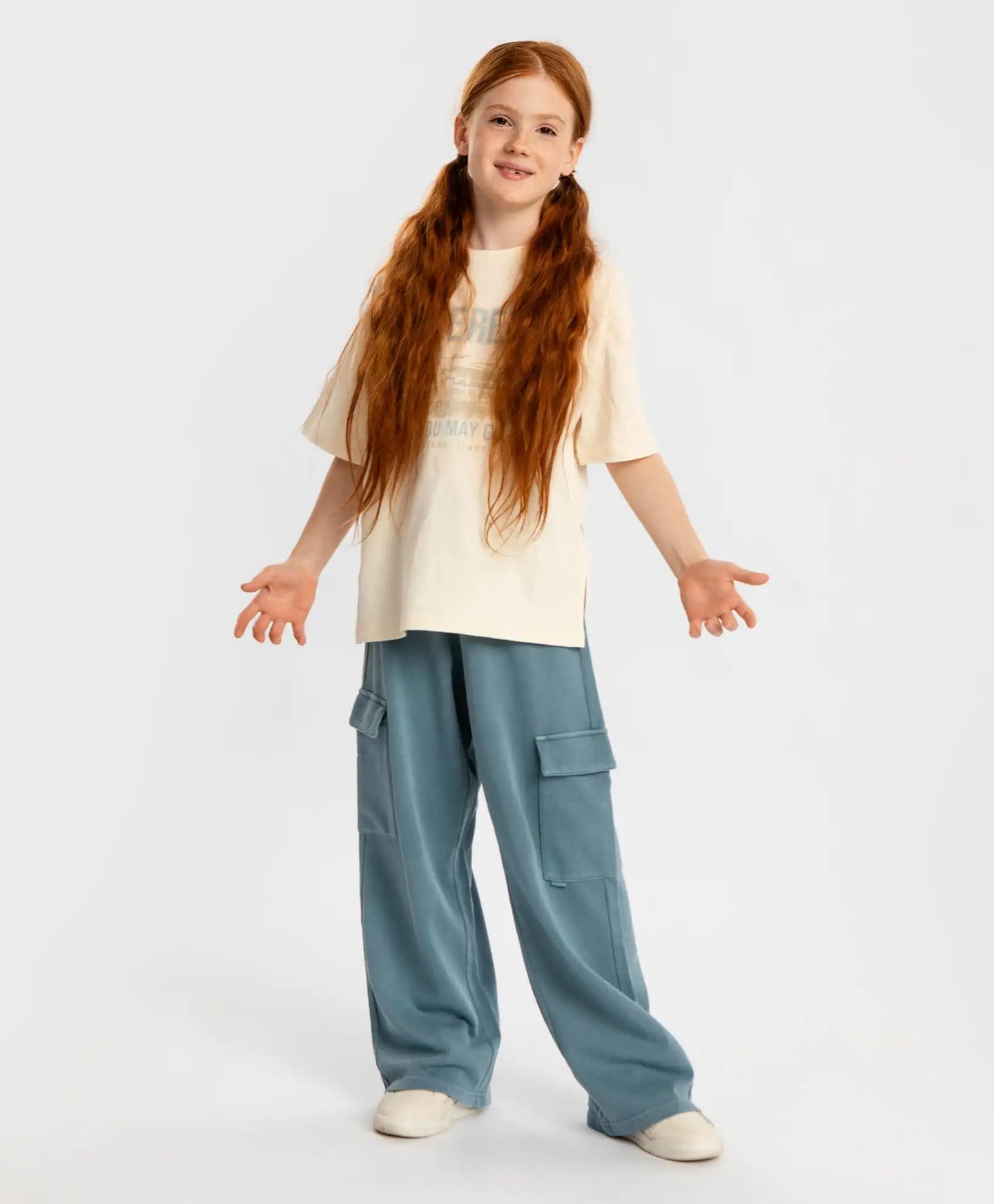 Pantaloni cargo largi, cu talie elastică și efect de uzură, albaștri, pentru copii, Button Blue