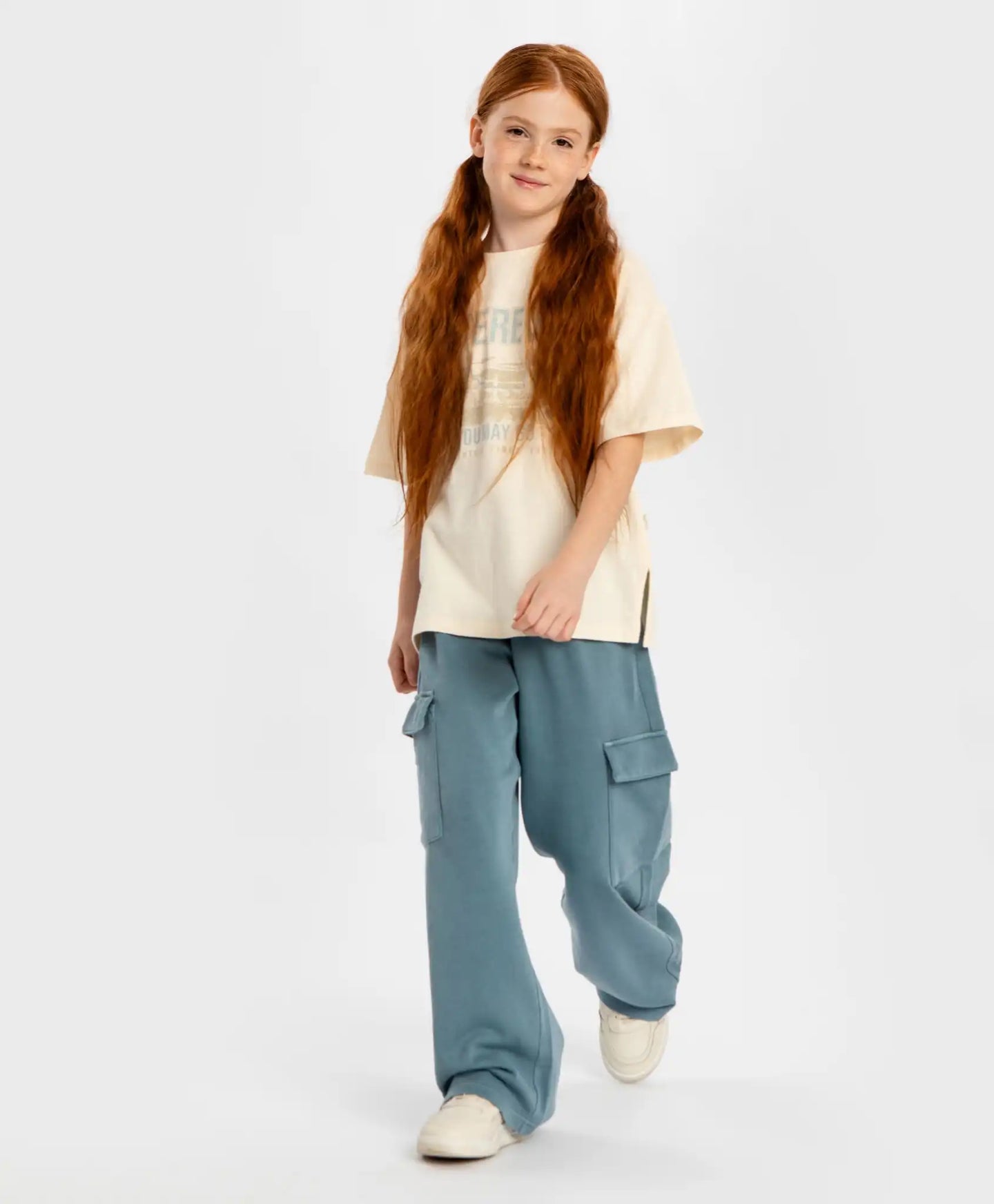 Pantaloni cargo largi, cu talie elastică și efect de uzură, albaștri, pentru copii, Button Blue