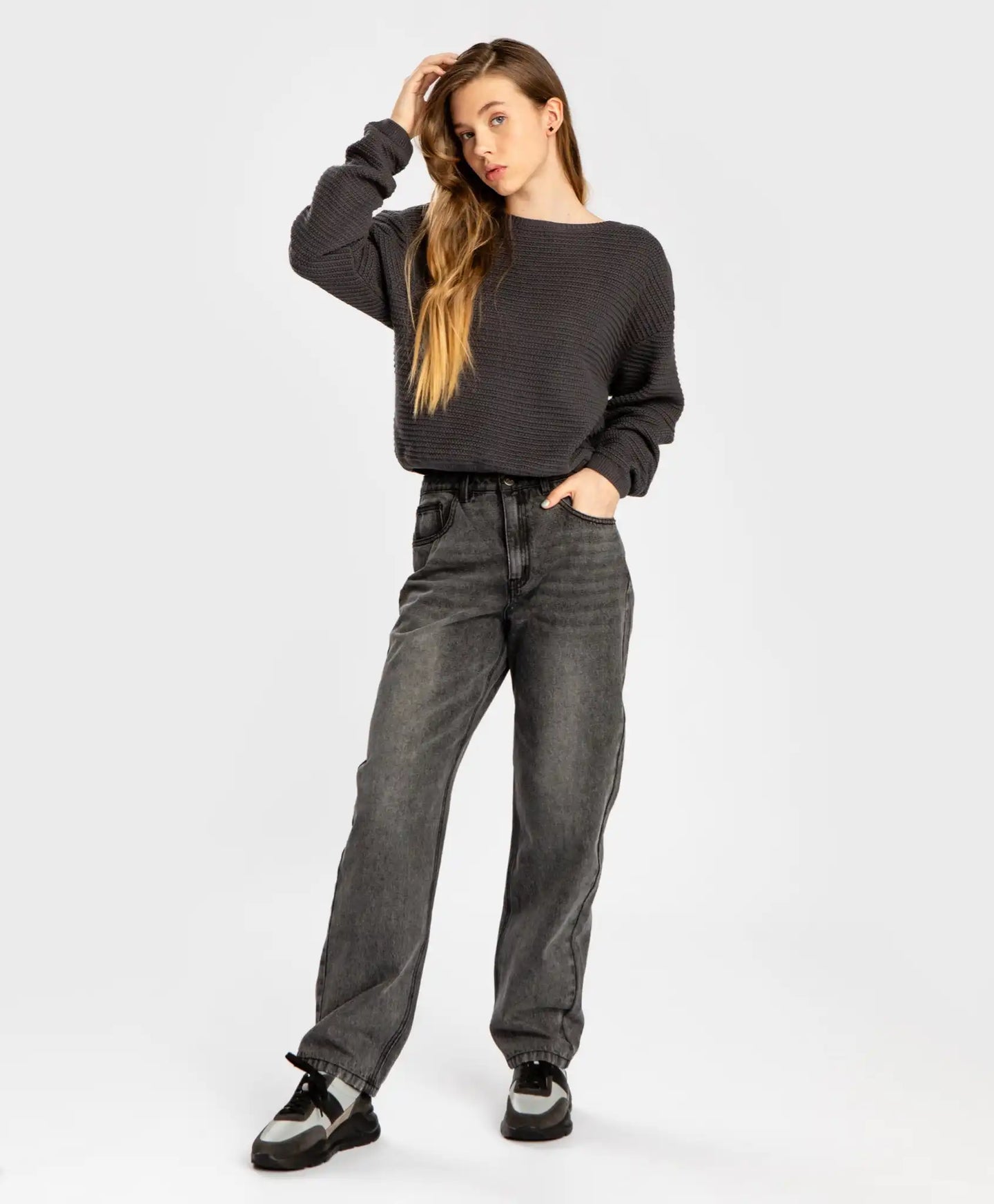 Blugi regular fit, cu croială dreaptă și efect de uzură, gri, pentru copii, Button Blue