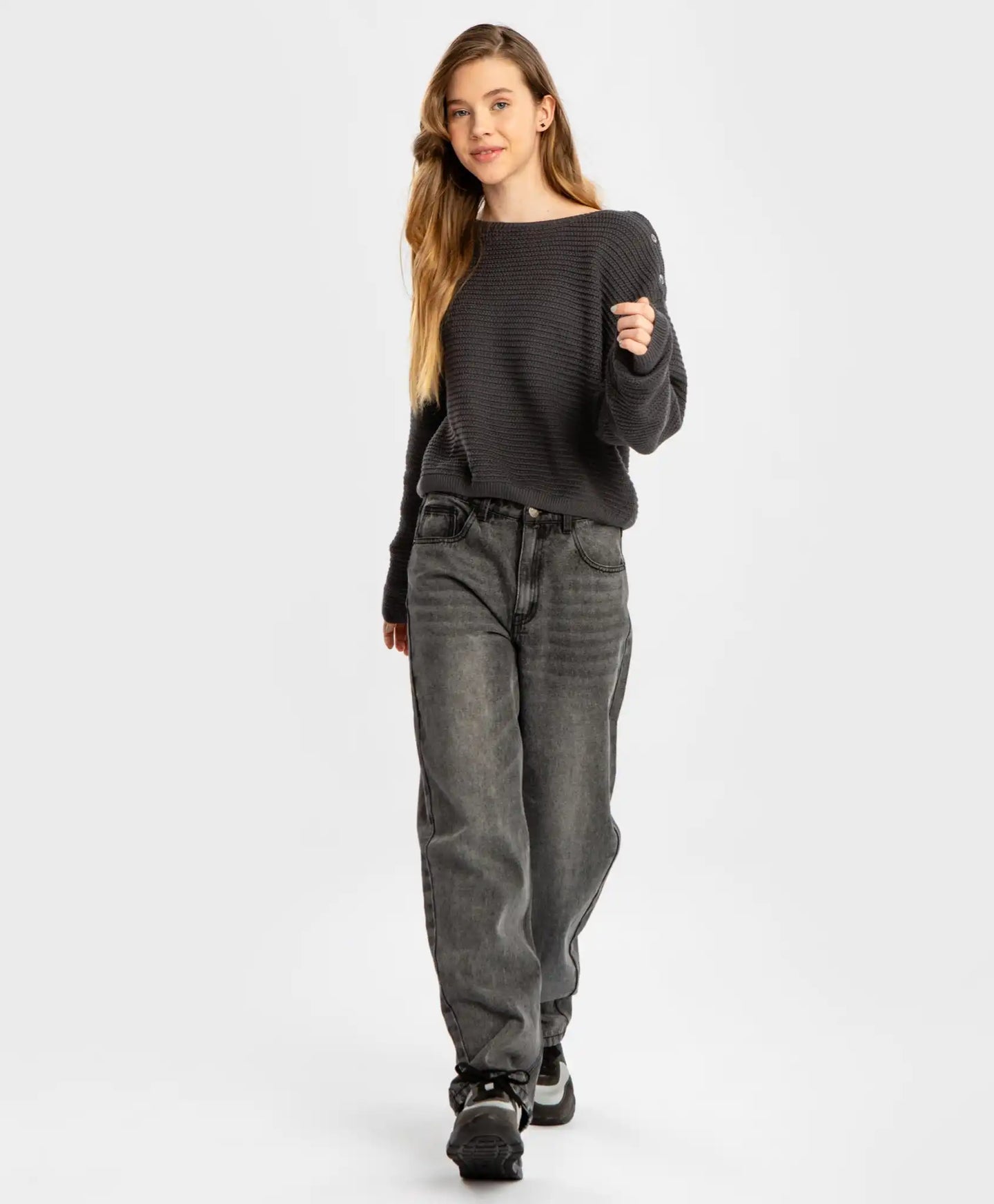 Blugi regular fit, cu croială dreaptă și efect de uzură, gri, pentru copii, Button Blue