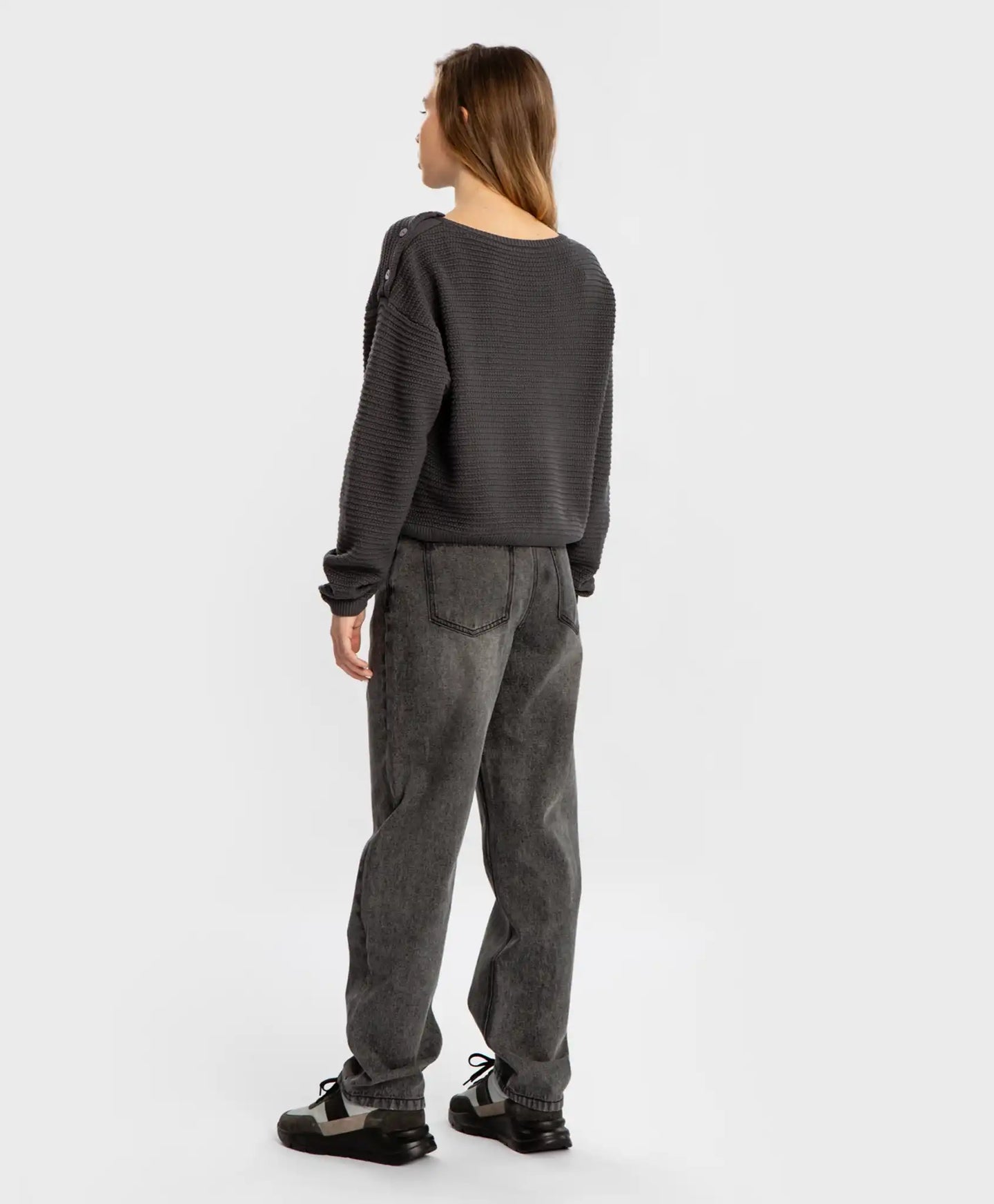 Blugi regular fit, cu croială dreaptă și efect de uzură, gri, pentru copii, Button Blue