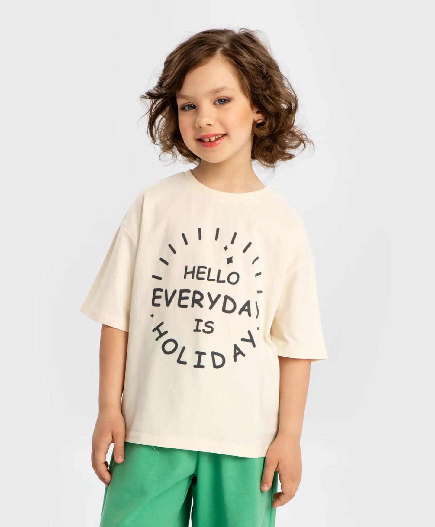 Tricou cu mâneci scurte și imprimeu moale bej pentru fete Button Blue