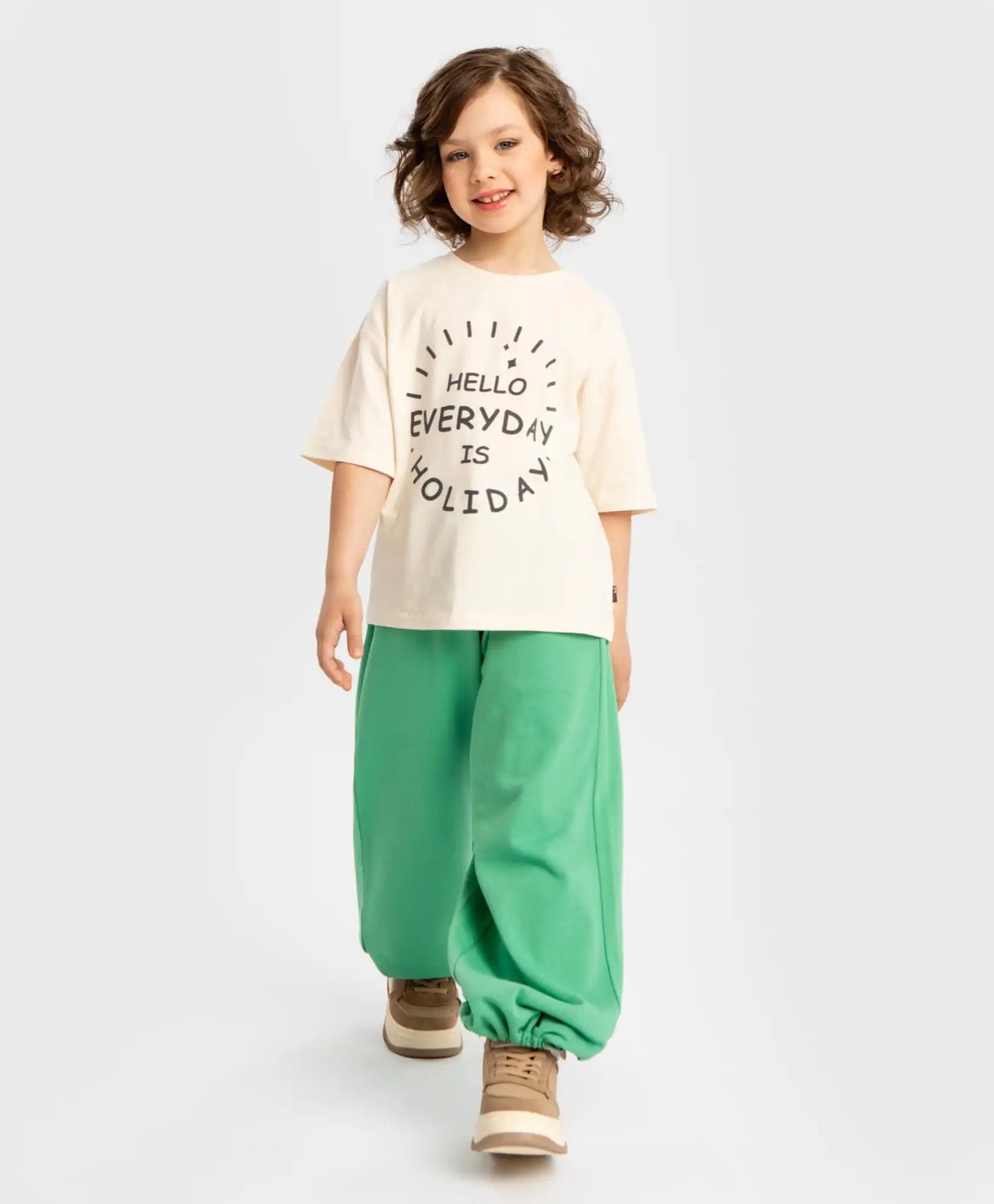 Tricou cu mâneci scurte și imprimeu moale bej pentru fete Button Blue