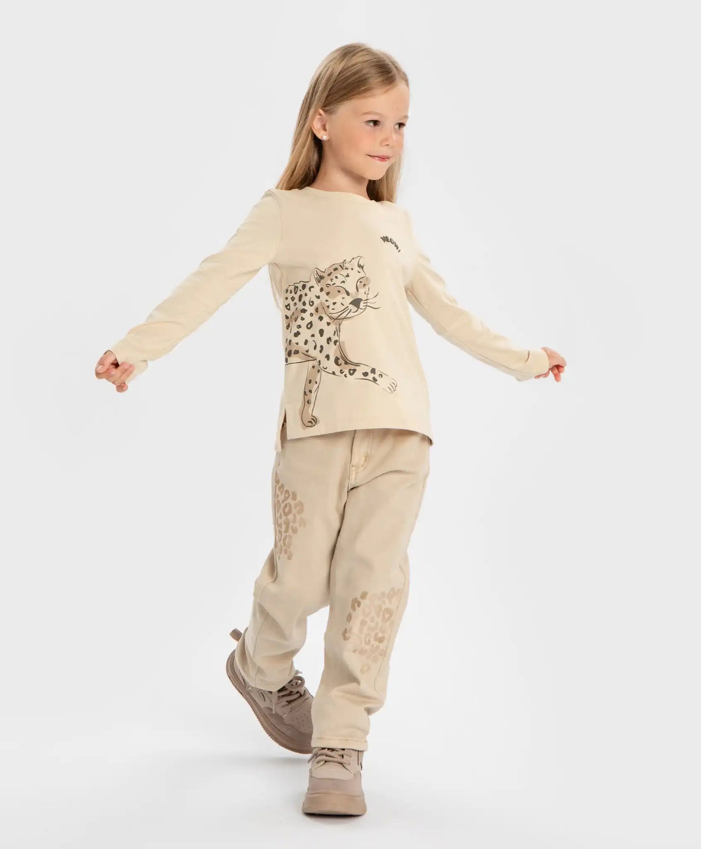 Longsleeve cu imprimeu leopard bej pentru fete Button Blue