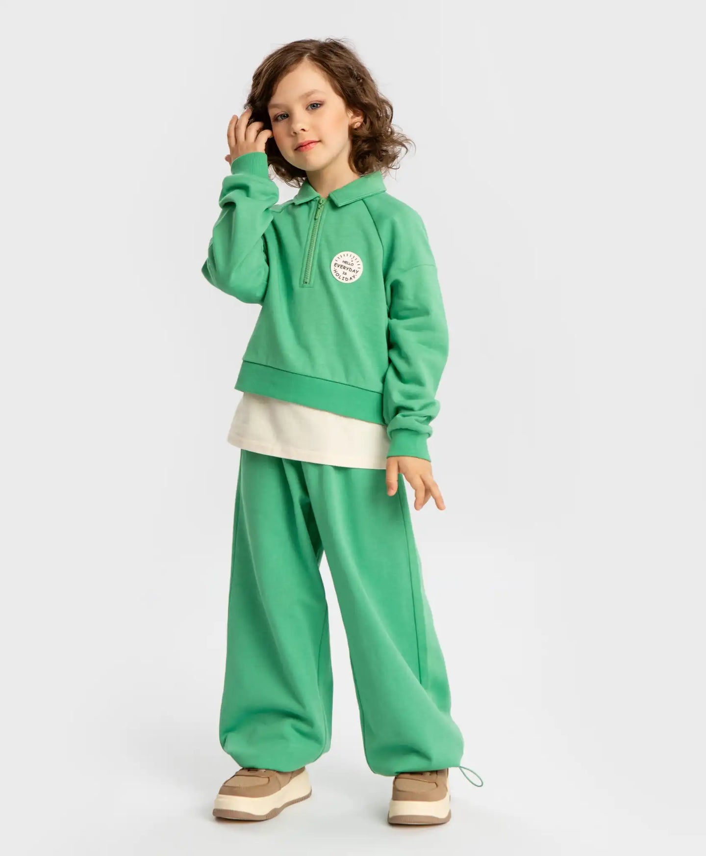 Hanorac scurt cu guler deschis și fermoar verde pentru fete Button Blue