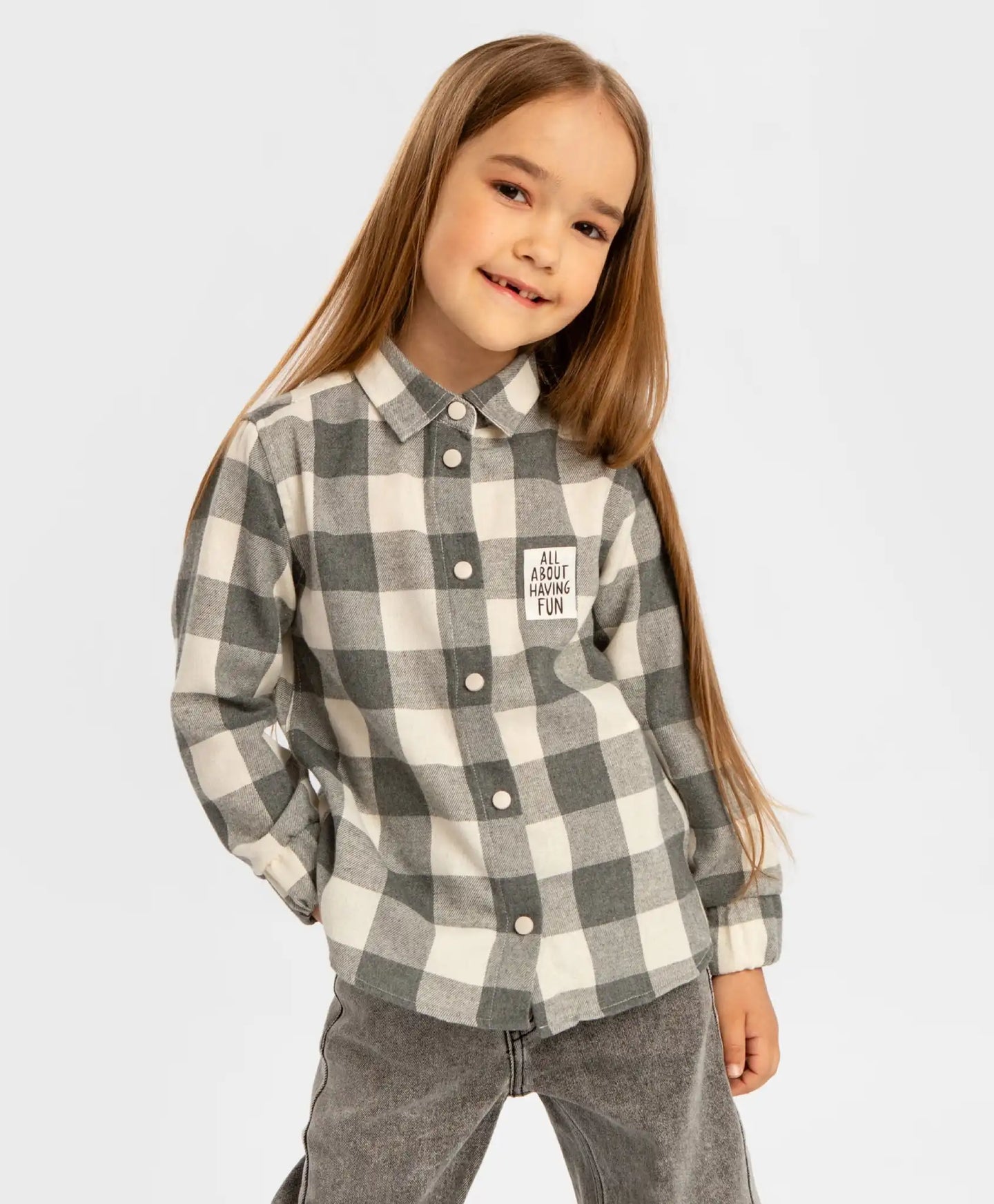 Cămașă cu nasturi, flanelată, în carouri, cu guler desfăcut, gri, pentru fată, Button Blue