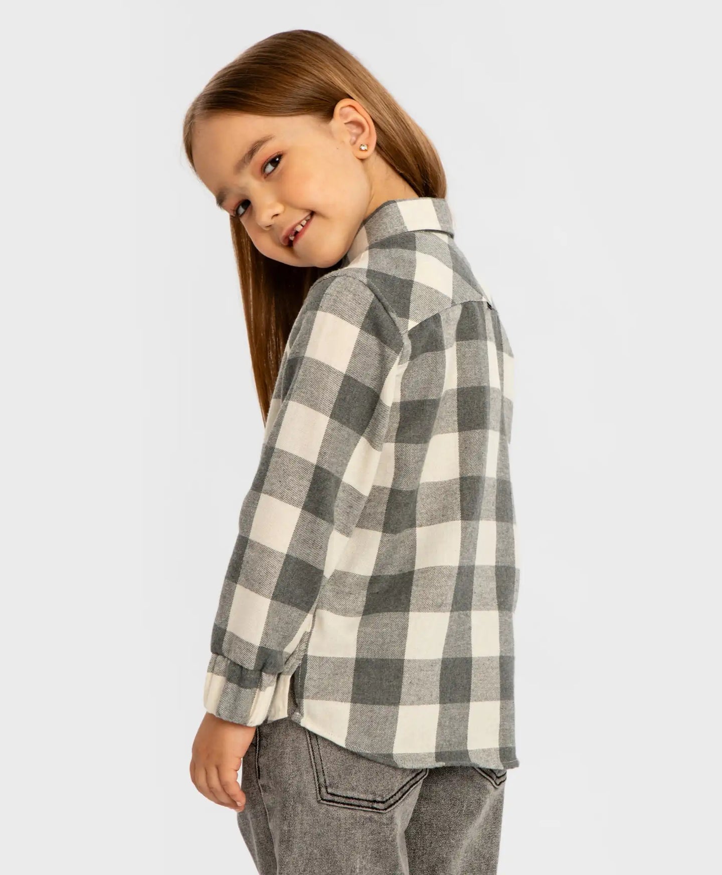Cămașă cu nasturi, flanelată, în carouri, cu guler desfăcut, gri, pentru fată, Button Blue