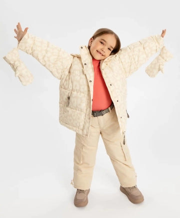 Geacă de sezon intermediar cu glugă și mănuși detașabile cu print bej pentru fete, Button Blue