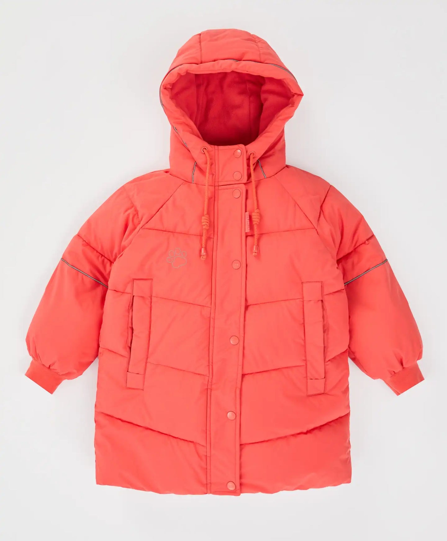 Palton semilung de sezon intermediar cu glugă și print cu lăbuțe coral pentru fete, Button Blue