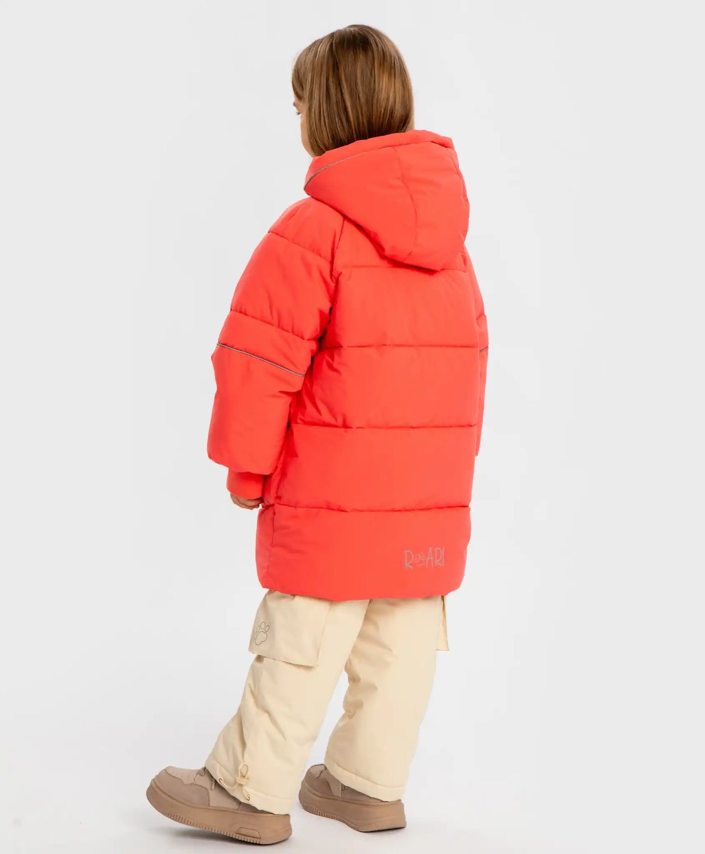 Palton semilung de sezon intermediar cu glugă și print cu lăbuțe coral pentru fete, Button Blue