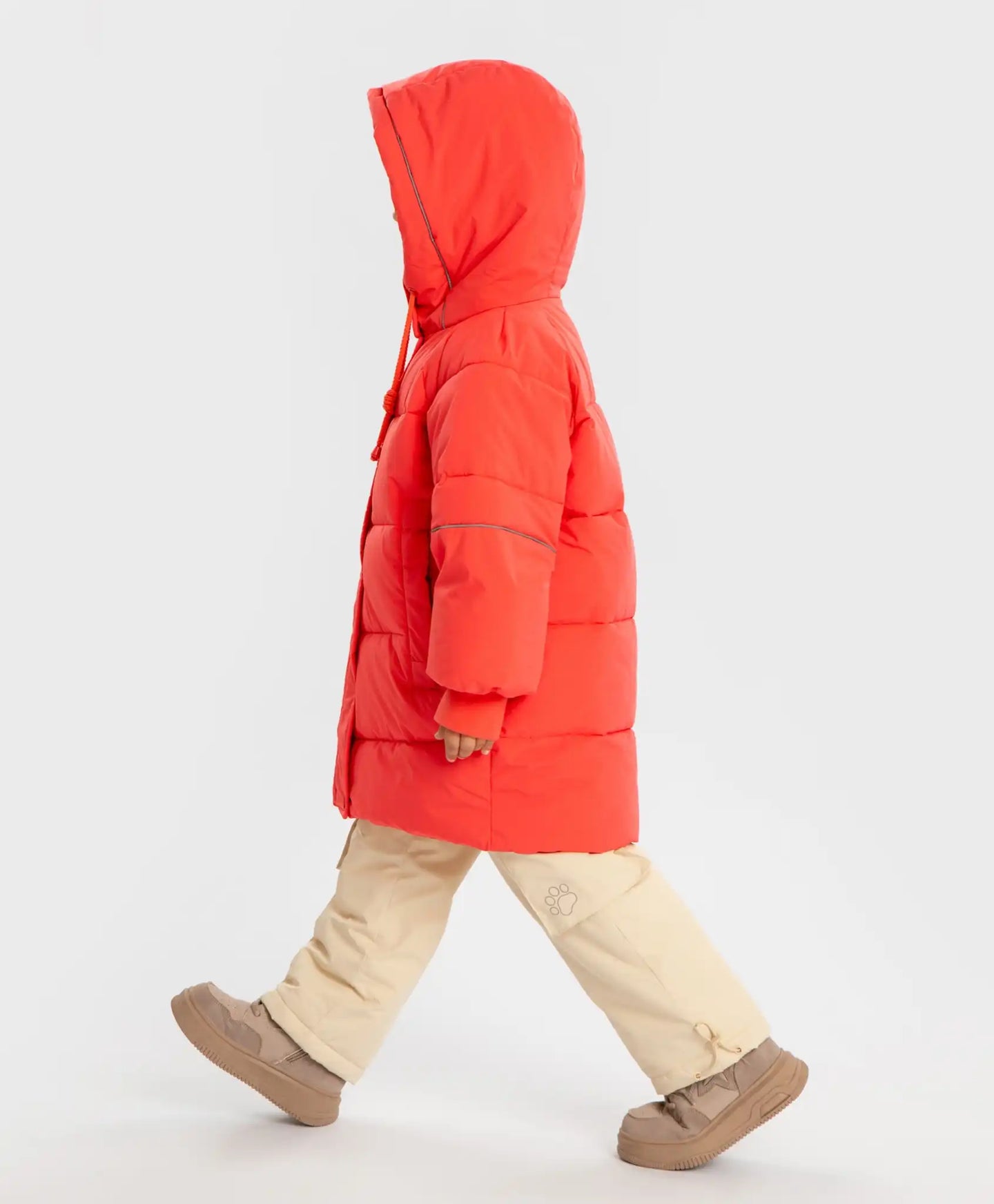 Palton semilung de sezon intermediar cu glugă și print cu lăbuțe coral pentru fete, Button Blue