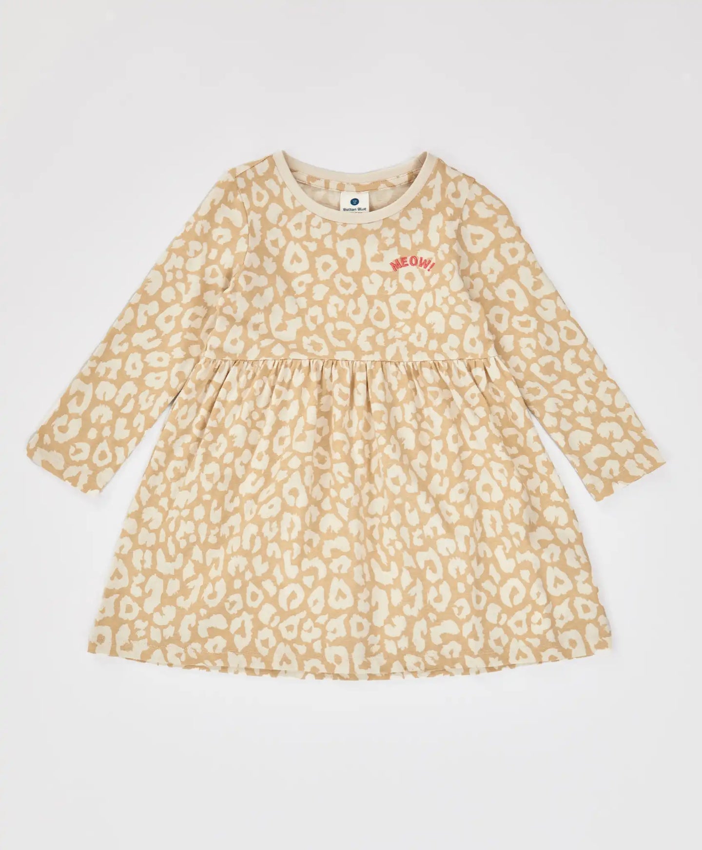 Rochie cu imprimeu leopard, mâneci lungi, bej, pentru fete Button Blue