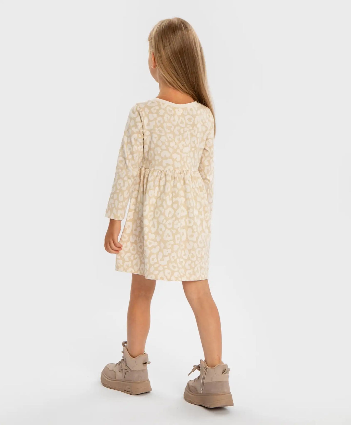 Rochie cu imprimeu leopard, mâneci lungi, bej, pentru fete Button Blue