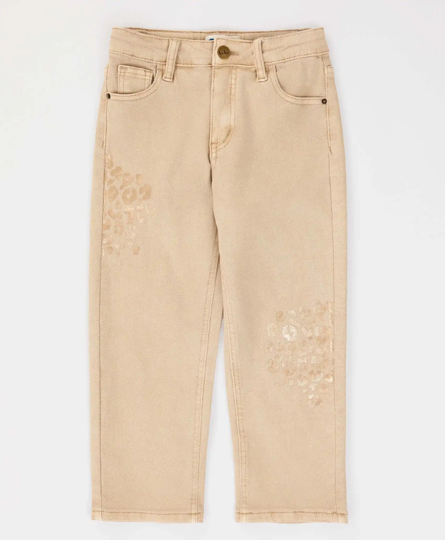 Blugi Mom fit, cu imprimeu leopard, bej, pentru fată, Button Blue