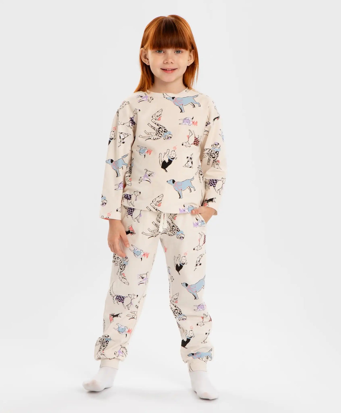 Pijamale cu joggeri și tricou cu mânecă lungă, cu imprimeu, crem, pentru fată, Button Blue