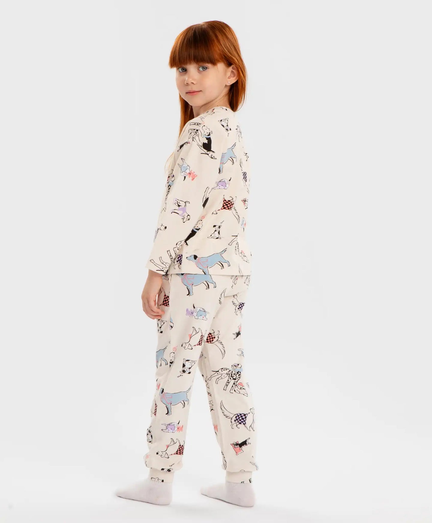 Pijamale cu joggeri și tricou cu mânecă lungă, cu imprimeu, crem, pentru fată, Button Blue