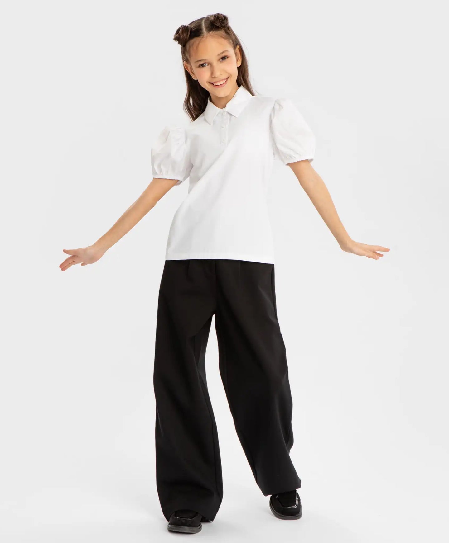 Bluză cu mâneci scurte bufante, albă, Button Blue