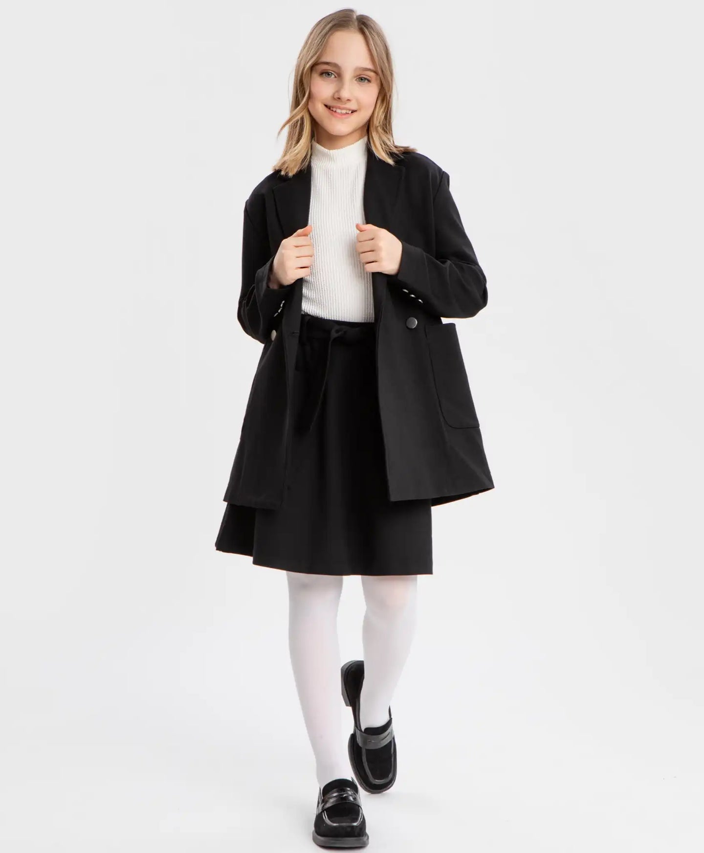 Sacou oversized cu două rânduri de nasturi și buzunare, negru Button Blue