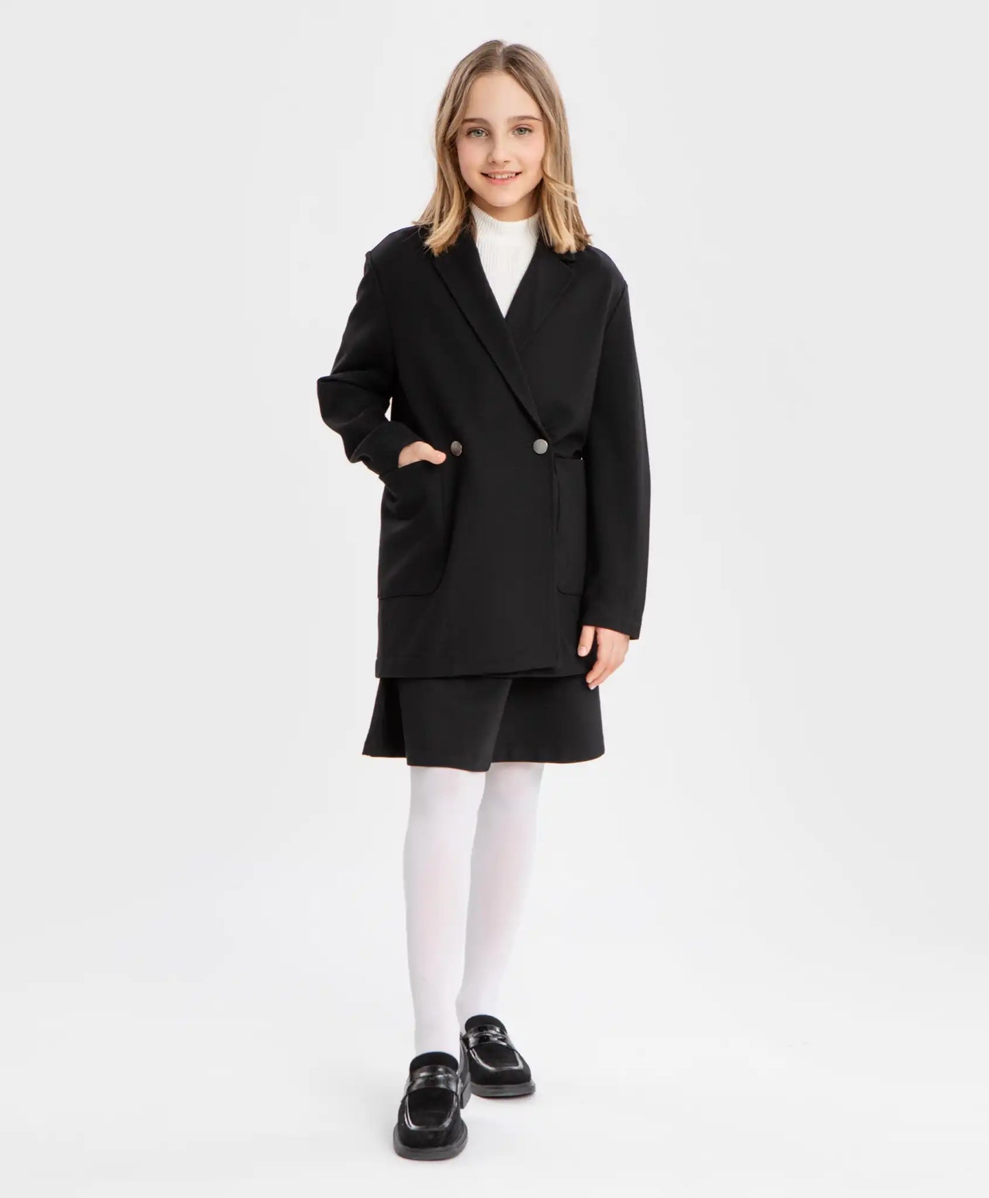 Sacou oversized cu două rânduri de nasturi și buzunare, negru Button Blue