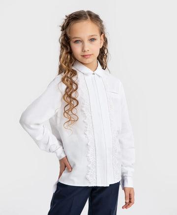Bluză cu dantelă și guler, albă, Button Blue