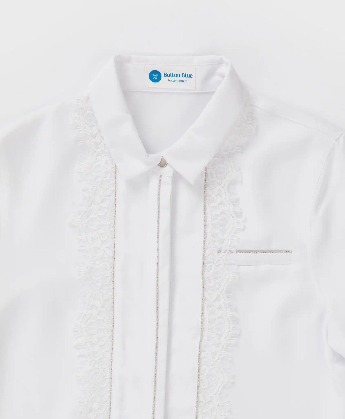 Bluză cu dantelă și guler, albă, Button Blue
