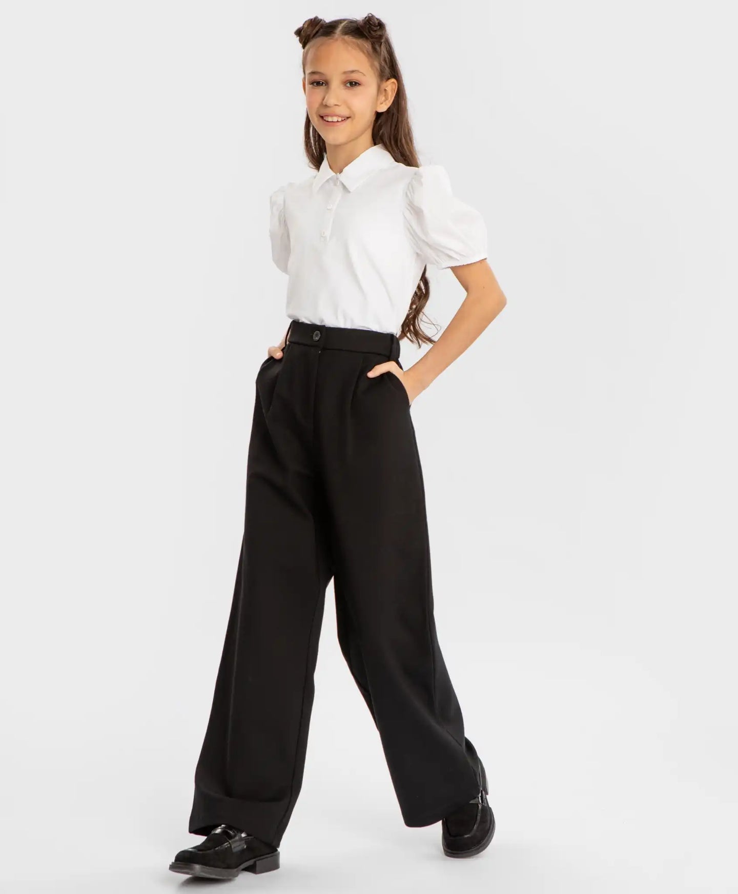 Pantaloni palazzo cu pliuri, negri, Button Blue