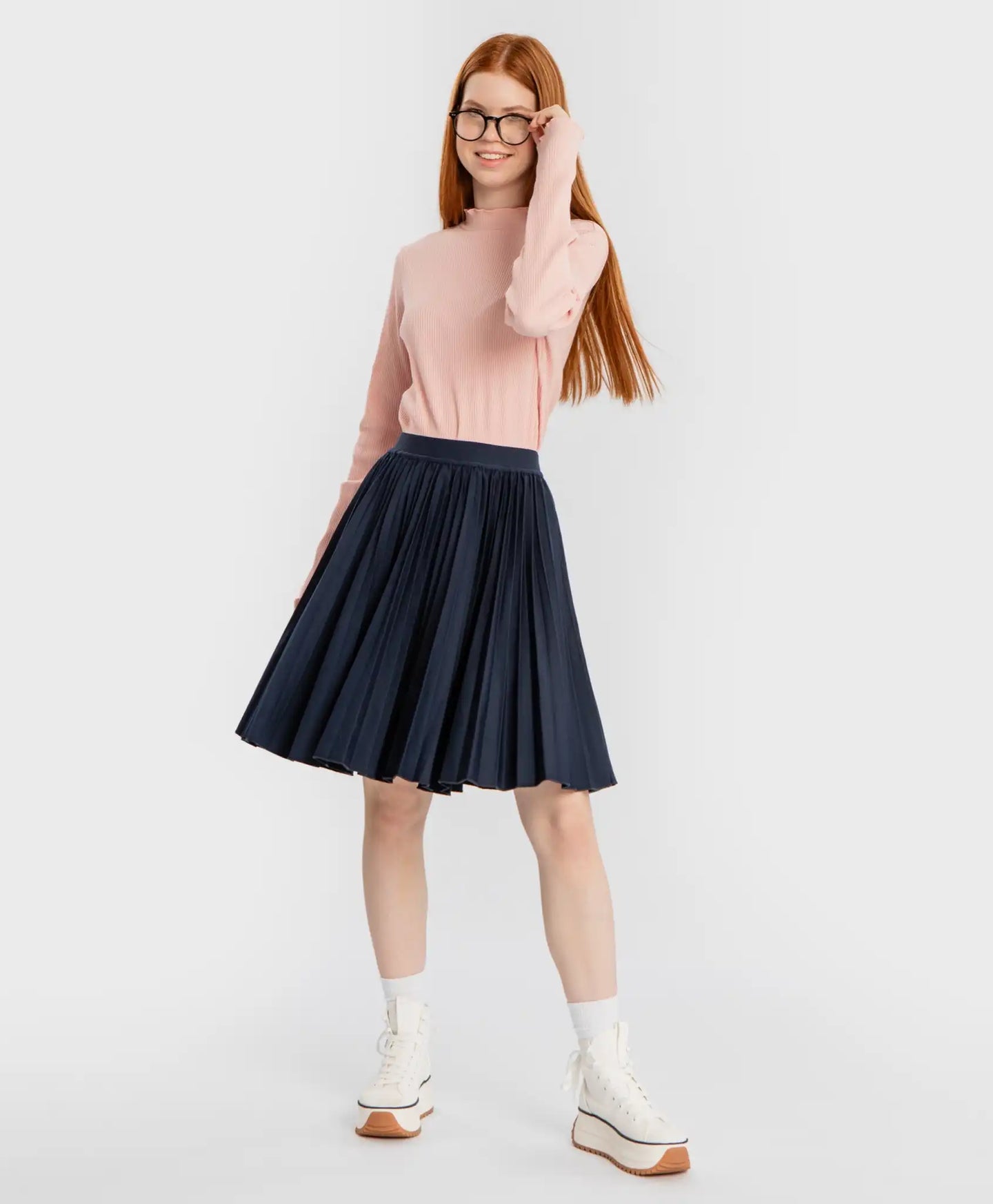 Fustă plisată cu talie elastică, albastră, Button Blue