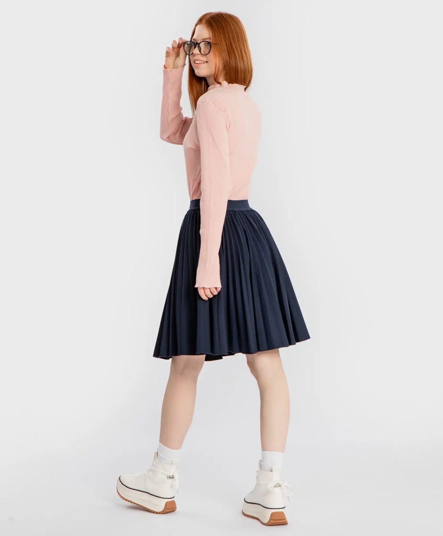 Fustă plisată cu talie elastică, albastră, Button Blue