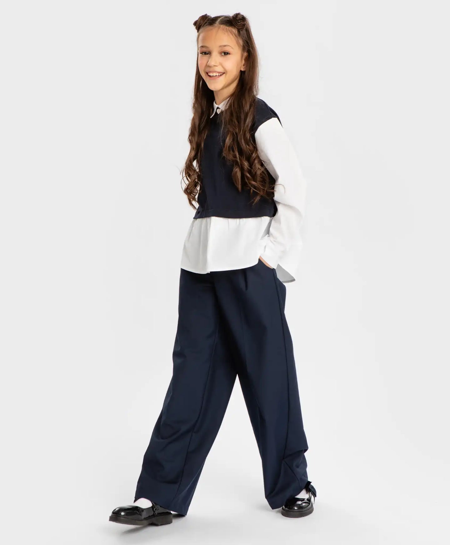 Pantaloni palazzo cu pliuri, albaștri, Button Blue