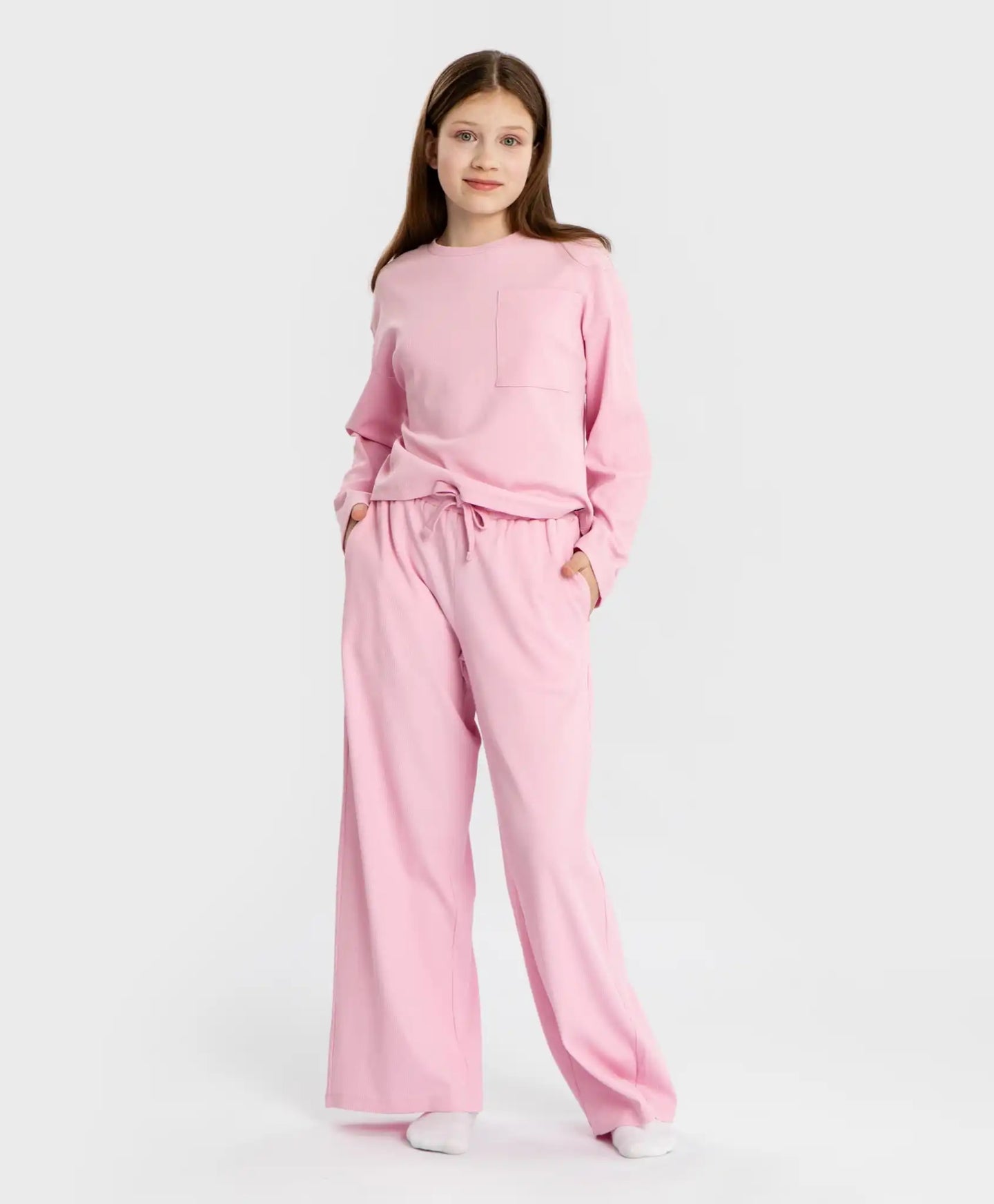 Pijamale cu pantaloni reiat și tricou cu mânecă lungă, lavandă, pentru fată, Button Blue