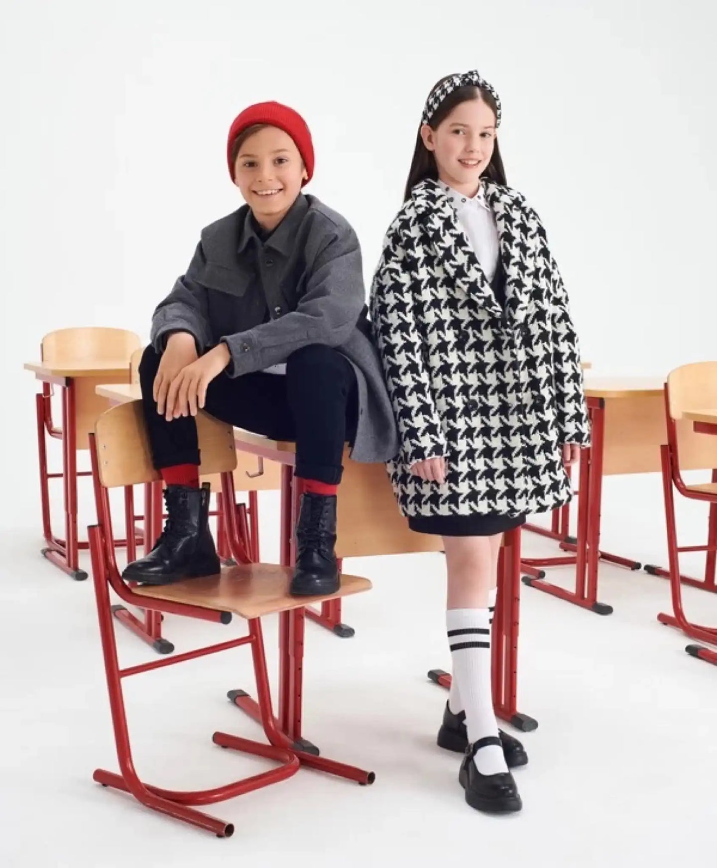 Palton cu model "pie-de-poule", alb-negru pentru fete, Gulliver