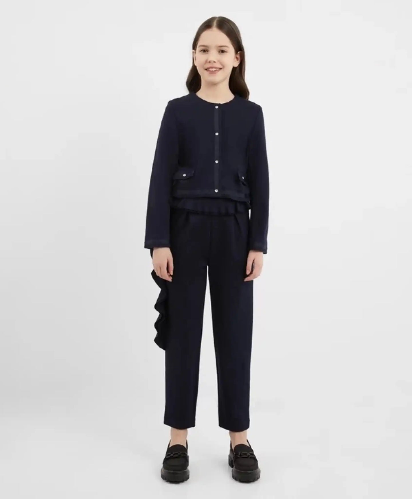 Pantaloni conici cu volane, albaștri, pentru fată, Gulliver