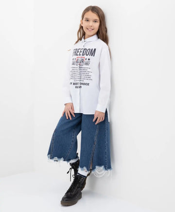 Cămașă largă cu umăr căzut și detalii prelungite pe spate, albă, Gulliver