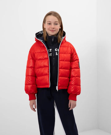 Jachetă cu glugă, blană sintetică și umeri lăsați roșie de la Gulliver