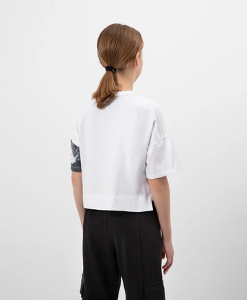 Tricou cu umeri decupați și decor asimetric, alb, Gulliver