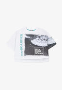 Tricou cu umeri decupați și decor asimetric, alb, Gulliver