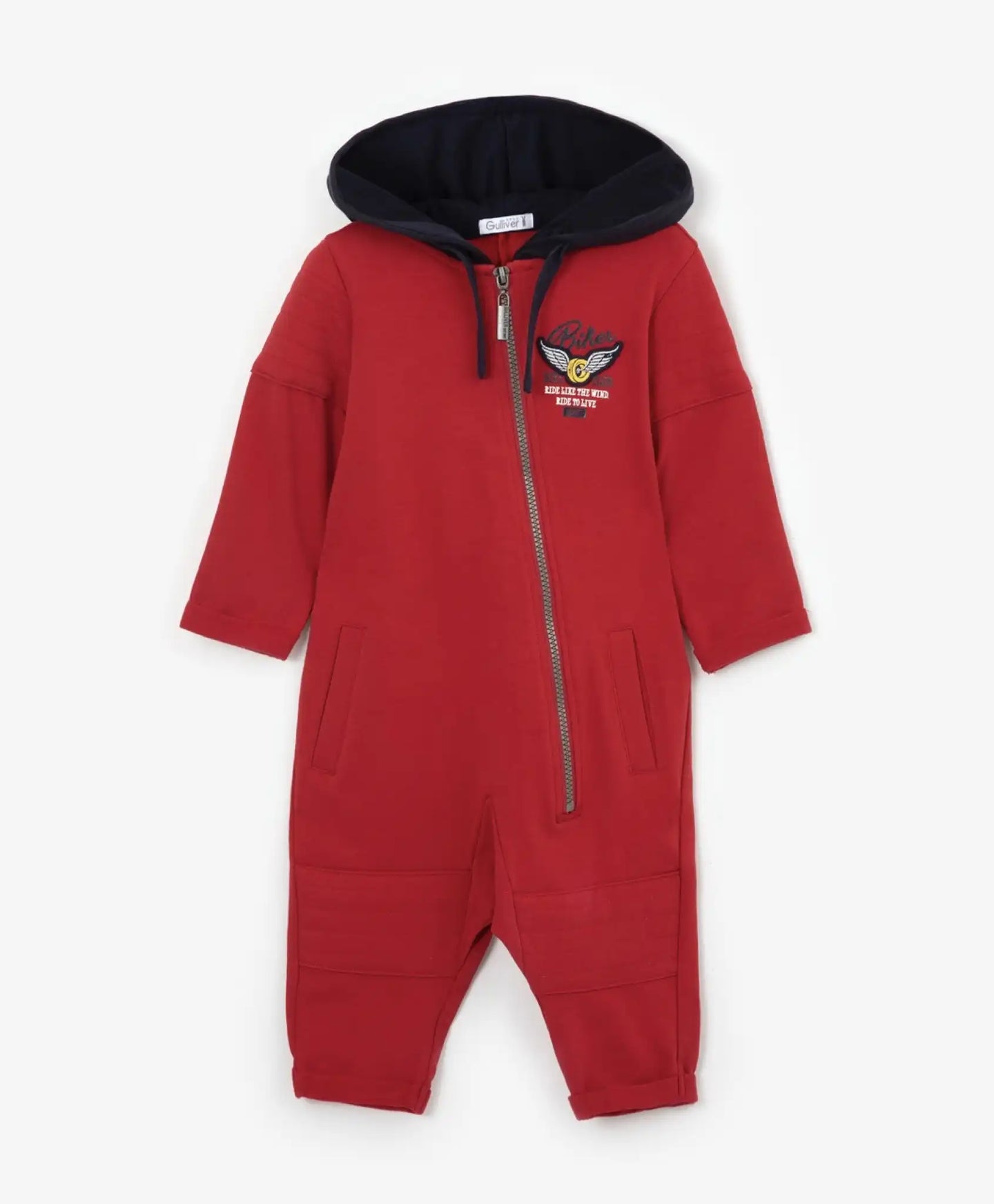Salopetă cu glugă și fermoar asimetric, roșie, Gulliver