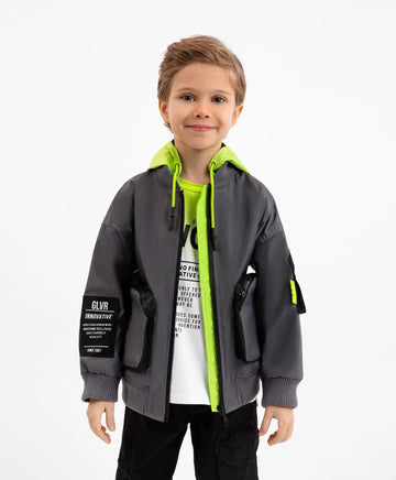 Jachetă bomber cu glugă din material de ploaie dens, gri, Gulliver